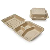 100% Compostable Disposable Food Containers with Lids [8X8 3-Comp 200 Pack] Eco-Friendly Take-Out TO-GO Containers, Heavy-Duty, Biodegradable, Unbleached by Earth's Natural Alternative