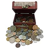 World Currency Set - Treasure Chest with 1Lb. Expert-Inspected, Foreign Currency Coin Collection in 4.7 x 3.5 x 3.5 in. Decorative Wooden Box with Certificate of Authenticity.