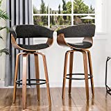 Glitzhome 2 Set Swivel Adjustable Bar Stools, 40" H Mid Century Modern Dining Chairs Dark Blue Fabric Walnut Bentwood Bar Chair with Back Support