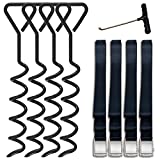 Eurmax USA Trampoline Stakes Heavy Duty Trampoline Parts Corkscrew Shape Steel Stakes Anchor Kit with T Hook for Trampolines -Set of 4 Bonus 4 Strong Belt,Black