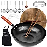 kaqinu Carbon Steel Wok Pan, 14 Piece Woks & Stir-Fry Pans Set with Wooden Lid & Cookwares, No Chemical Coated Flat Bottom Chinese Woks Pan for Induction, Electric, Gas, Halogen All Stoves - 12.6''