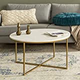 Walker Edison Cora Modern Round Faux Marble Top Coffee Table with X Base, 36 Inch, Marble and Gold