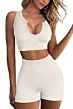 FAFOFA Yoga Outfit for Women Ribbed Seamless Crop Tank Tops High Waisted Shorts 2 Piece Workout Sets Beige S