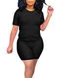 Summer Outfits for Women, Textured Track Suits Short Sleeve Tops Biker Shorts Two Piece Workout Set Black XL