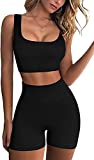 Women's Workout 2 Piece Outfits High Waist Running Shorts Seamless Gym Yoga Crop Top Sets Black S