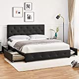 Yaheetech Queen Faux Leather Platform Bed Frame with Adjustable Button Tufted Headboard and 4 Storage Drawers, Upholstered Mattress Foundation, Strong Wooden Slats Support, No Box Spring Needed, Black