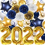 2022 Graduation Decorations Blue Gold Balloon Kits- 40 Inch Gold 2022 Balloons Star Foil Balloons Blue Gold White Paper Pompoms Hanging Swirl Confetti Balloons for Class of 2022 Party Decorations College Graduation Party Supplies