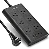 Power Strip Surge Protector, SUPERDANNY Flat Plug 10 Ft Extension Cord with 6 Outlets and 4 USB Ports (1875W/15A), Universal Voltage 110-240V for iPhone iPad Desktop Kitchen Home Office Dorm Black