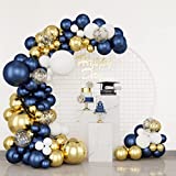 Holicolor 174pcs Navy Blue Gold Balloons Garland Arch Kit, Metallic Gold Latex White Confetti Mixed Sizes Balloons Foil Balloons for Baby Shower Birthday Party Wedding Graduation Decoration