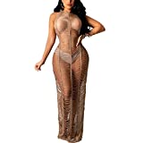 WULAOULALA Women's Sexy Crochet Bikini Beach Cover Ups See Through Lace Up Drawstring Halter Swimsuit Cover Up Dresses Swimwear Brown