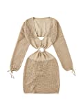 MakeMeChic Women's Long Sleeve Deep V Neck Hollow Out Knitted Cover Up Beach Dress Swimwear A Coffee Brown S