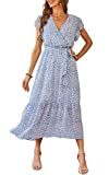 PRETTYGARDEN Women's Floral Summer Dress Wrap V Neck Short Sleeve Belted Ruffle Hem A-Line Bohemian Maxi Dresses(Light Blue,X-Large)