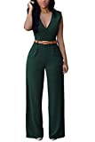 Pink Queen Women's Sleeveless Deep V Neck Wrap Long Jumpsuits Rompers Belted with Pockets Dark Green L