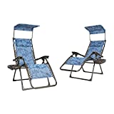 Bliss Hammocks Set of 2 Zero Gravity Chairs, w/Canopy, Pillow and Side Tray, 26" W, Foldable, Adjustable Lounge Recliner, Outdoor Lawn & Patio, Weather Resistant, 300 lbs Capacity, Blue Flower