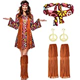 Women Hippie Costume Set Peace Sign Earring Necklace Headband Dress Ankle Socks (XXX-Large)