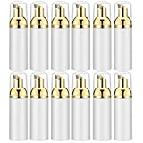 Mozzafiato 2 Oz Foam Pump Bottle (12PCS). Empty Foaming Soap Dispenser for Refillable Travel Liquid Hand Soap, Body Wash, Eyelash Shampoo. BPA Free Mini Pocket Size(White&Gold)