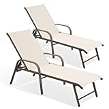 Crestlive Products Aluminum Chaise Lounge Chair, Adjustable Outdoor Recliner with Armrests Outside Sun Tanning Lounger, All Weather for Patio, Poolside, Deck, Backyard, Set of 2 (Champagne)