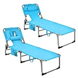 Goplus Beach Chaise Lounge with Face Cavity & Arm Hole, Foldable Tanning Chair Lounger w/Removable Pillow and Side Pocket, Outdoor Tanning Chair for Pool Camping, 5-Position Adjustable (2, Sky Blue)