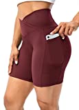 Lavento Women's Crossover Ribbed Biker Shorts Gym Workout Shorts with Pockets (Burgundy, 12)
