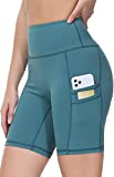 Womens Shorts Athletic Biker Shorts for Women with Pockets High Waist Yoga Running Gym Exercise Shorts 7 Inch Inseam Tummy Control Butt Lift Soft Shorts - Blue Green,L