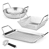 GRISUN Grill Baskets and Scraper, 3 PCS Vegetable Grill Baskets, Heavy Duty BBQ Grill Baskets for Outdoor Grill with Handle, Stainless Steel BBQ Vegetable Grilling Baskets with a Round Wok Grill Pan