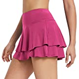BALEAF Women's Pleated Tennis Skirts Layered Ruffle Mini Skirts with Shorts for Running Workout Rose S