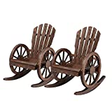 Wood Wagon Rocking Chair Set of 2, Outdoor Patio Rustic Lounge Rocker Set with Wheel Armrest for Garden, Country, Yard