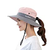 Womens UV Protection Wide Brim Sun Hats - Cooling Mesh Ponytail Hole Cap Foldable Travel Outdoor Fishing Hat Pink