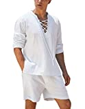 COOFANDY Men's 2 Pieces Cotton Linen Set Long Sleeve Henley Shirts And Casual Beach Shorts With Pockets Summer Yoga Outfits