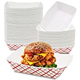 [250 Pack] 3 lb Heavy Duty Disposable Red Check Paper Food Trays Grease Resistant Fast Food Paperboard Boat Basket for Parties Fairs Picnics Carnivals, Holds Tacos Nachos Fries Hot Corn Dogs