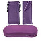 Noble Large Hard Shell Eyeglass Case Holder + Pouch For Glasses And Sunglasses Unisex + Microfiber Cloth (Purple)