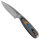 DROP + Bradford Guardian 3.5" Fixed Blade Knife with Leather Sheath (G-Wood Handle, Blue, Stonewashed, Brown Leather)