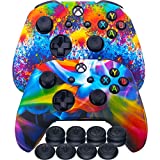 MXRC Silicone Rubber Cover Skin Case Anti-Slip Water Transfer Customize Camouflage for Xbox One/S/X Controller x 2(Rainbow Pack) + FPS PRO Extra Height Thumb Grips x 8