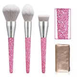 TEXAMO Powder Brush, Blush Brush, Highlighter Brush, Foundation Brush, Makeup Brush with Leather Bag for Bronzer Loose Setting Powder, Set of 3, Hot Pink