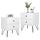 Scurrty Nightstands Set of 2 White Bedside Table Sofa End Tables with 2 Storage Drawers Metal Legs Bedside Night Table for Storage in Bedroom, Living Room, Small Space, Stabl Metal Frame