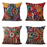 Artsocket Set of 4 Linen Throw Pillow Covers Mexican Huichol Decorative Pillow Cases Home Decor Square 18x18 inches Pillowcases