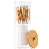 Zezzxu 2 Pack Acrylic Qtip Holder Dispenser with Bamboo Lids Clear Apothecary Jars Bathroom Organizer for for Cotton Balls, Cotton Swabs, Floss and Cotton Pads