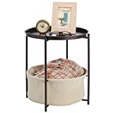 mDesign Round Side End Table Storage Nightstand - Furniture Unit for Living Room, Bedroom, Hallway, and Entryway - Sturdy Steel Frame, Water Hyacinth Woven Pull Out Basket Bin - Bronze