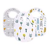 Snap Muslin Bibs for Boys & Girls, 3-Pack Baby Bibs for Infants, Newborns and Toddlers, 100% Cotton Muslin Absorbent & Soft Layers, Adjustable Snaps, Bear,Hedgehog,Tree