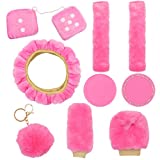 SUBANG 1 Set 9 Pieces Fluffy Steering Wheel Covers Soft Fur Fuzzy Steering Wheel Covers for Women and Girls 15 Inch, Pink