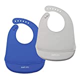 BONPEIPEI Silicone Baby Bib with Pocket Set of 2 Light Weight Soft Adjustable Fit Waterproof Eating Bibs with Food Catcher for Babies, Toddler, Girl boy-Grey/Blue