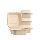 [50 COUNT] Sugarfiber 6 X 6" Compostable Square Hinged Container, Single Compartment Clamshell Takeout Box, Made from Eco-Friendly Plant Fibers