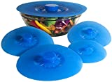 Silicone Bowl Lids Blue Set of 5 Reusable Suction Seal Covers for Bowls, Pots, Cups. Food Safe. Natural grip, interlocking handles for easy use and storage.