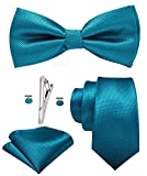 Hi-Tie Mens Teal Ties Set Silk Bow Tie and Silver Tie Clip with Pocket Square Cufflinks Set for Wedding