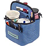 Portable Drink Carrier with Handle for Delivery and Reusable Coffee Cup Holder On-The-go by Haushaeger - Foldable Insulated Travel Beverage Tote Bag - Lightweight (Blue Striped)