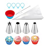 Cake Fans Piping Bags and Tips Set,Stainless Steel 304 Decorating Icing Tips,4pcs Silicone Baking Cups Reusable, 8pcs Disposable Bags, 21pcs Cupcake Decorating Kit