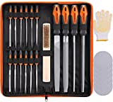 REXBETI 17Pcs Metal File Set, Premium Grade T12 Drop Forged Alloy Steel, Flat/Triangle/Half-round/Round Large File and 12pcs Needle Files, Cleaning Metal Wire Brush with Carry Case