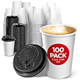 Disposable 12 Oz. White Coffee Cup Set, 100 Paper Cups with Black Plastic Lids - Stylish Grab 'n Go Cup and Lid Set, Travel Lid, Personalizable Cups (100 Count)