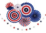 Risshine 4th/Fourth of July Patriotic Party Decorations Set- Red White/Silver Blue Star Streamers and 6Pcs Red White Blue Hanging Paper Fans for American Independence Day Party Decor Supplies