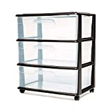 HOMZ Plastic 3 Drawer Wide Cart, Black Frame, Clear Drawers, 4 Casters included, Set of 1